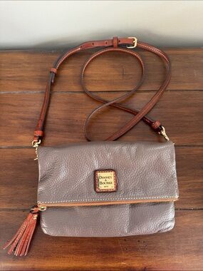 Dooney & Bourke Taupe Leather Fold-Over Crossbody with Tassel